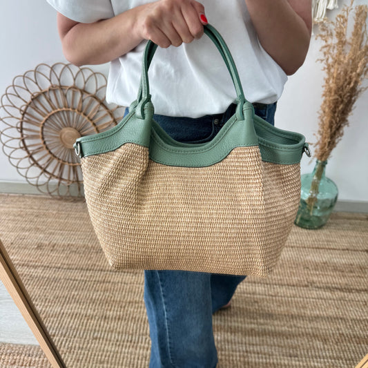 Bolso saca mediana mint piel y rafia