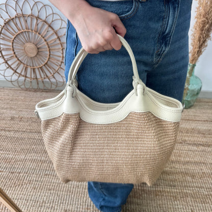 Bolso saca mediana beige piel y rafia