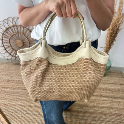 Bolso saca mediana beige piel y rafia