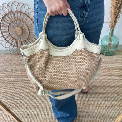 Bolso saca mediana beige piel y rafia