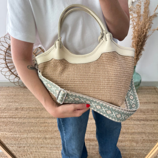 Bolso saca mediana beige piel y rafia