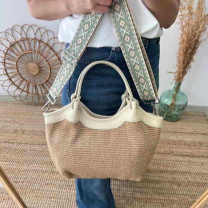 Bolso saca mediana beige piel y rafia