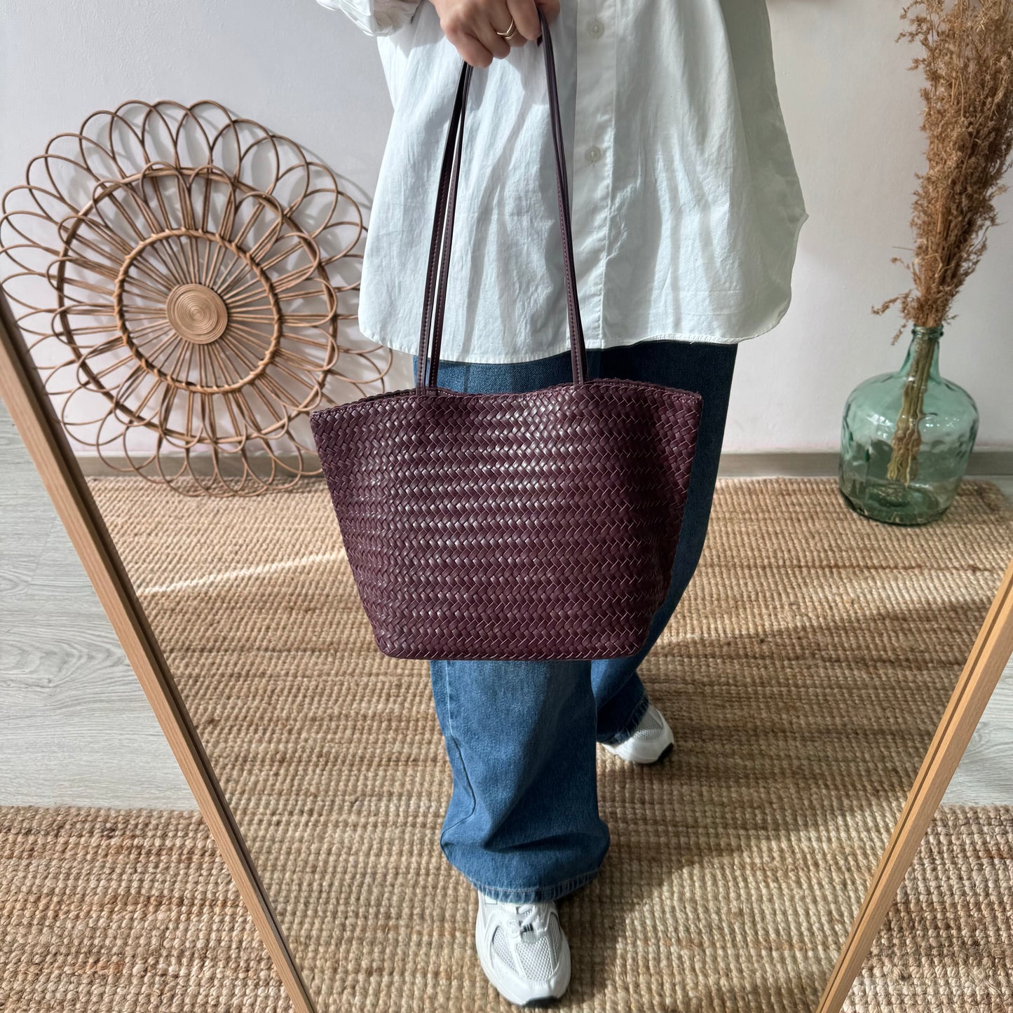 Bolso en piel trenzada granate