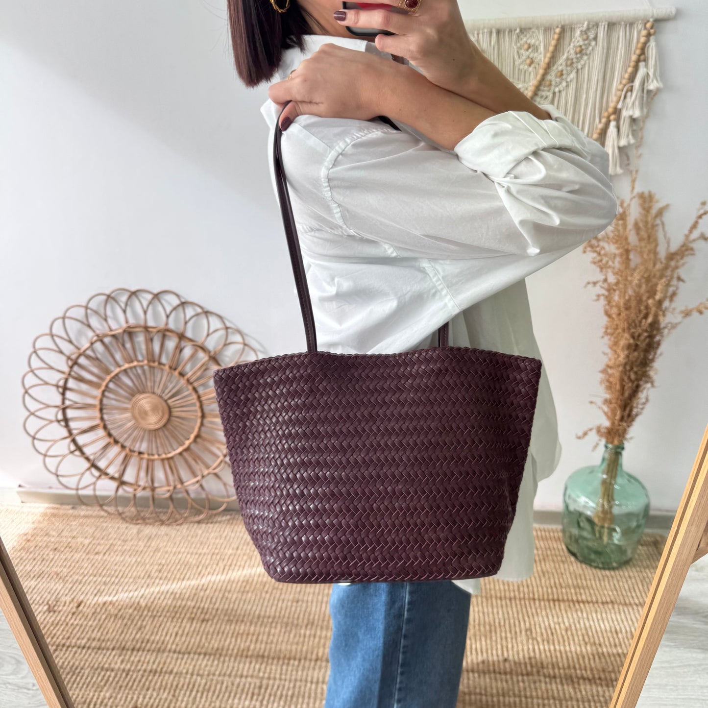 Bolso en piel trenzada granate