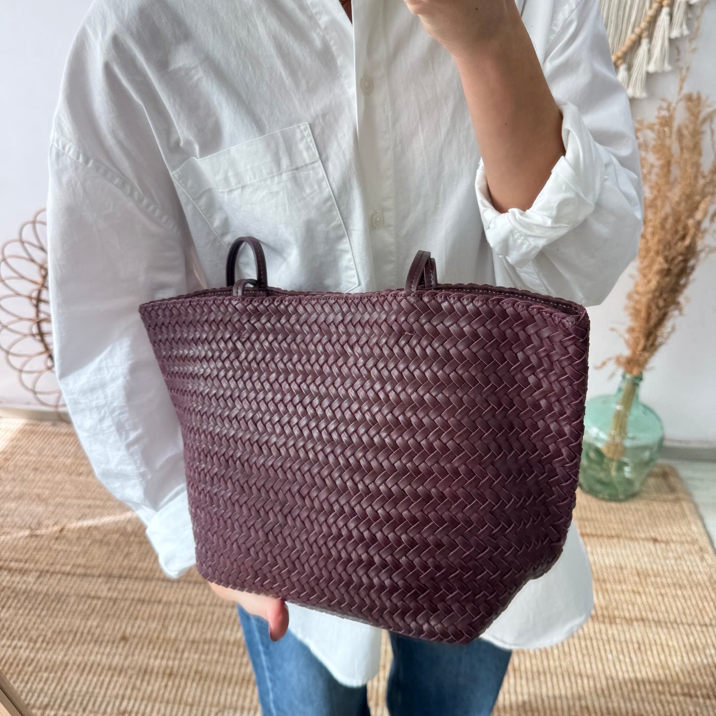 Bolso en piel trenzada granate