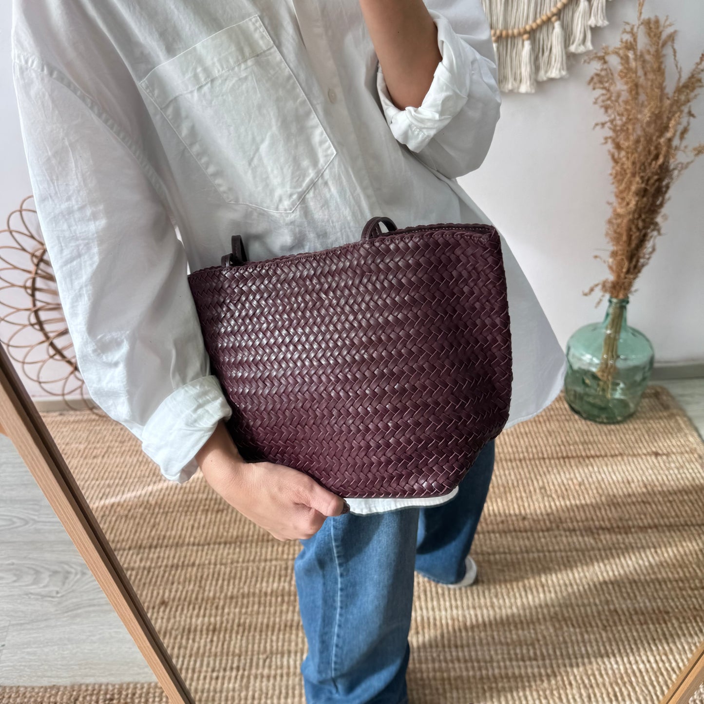 Bolso en piel trenzada granate