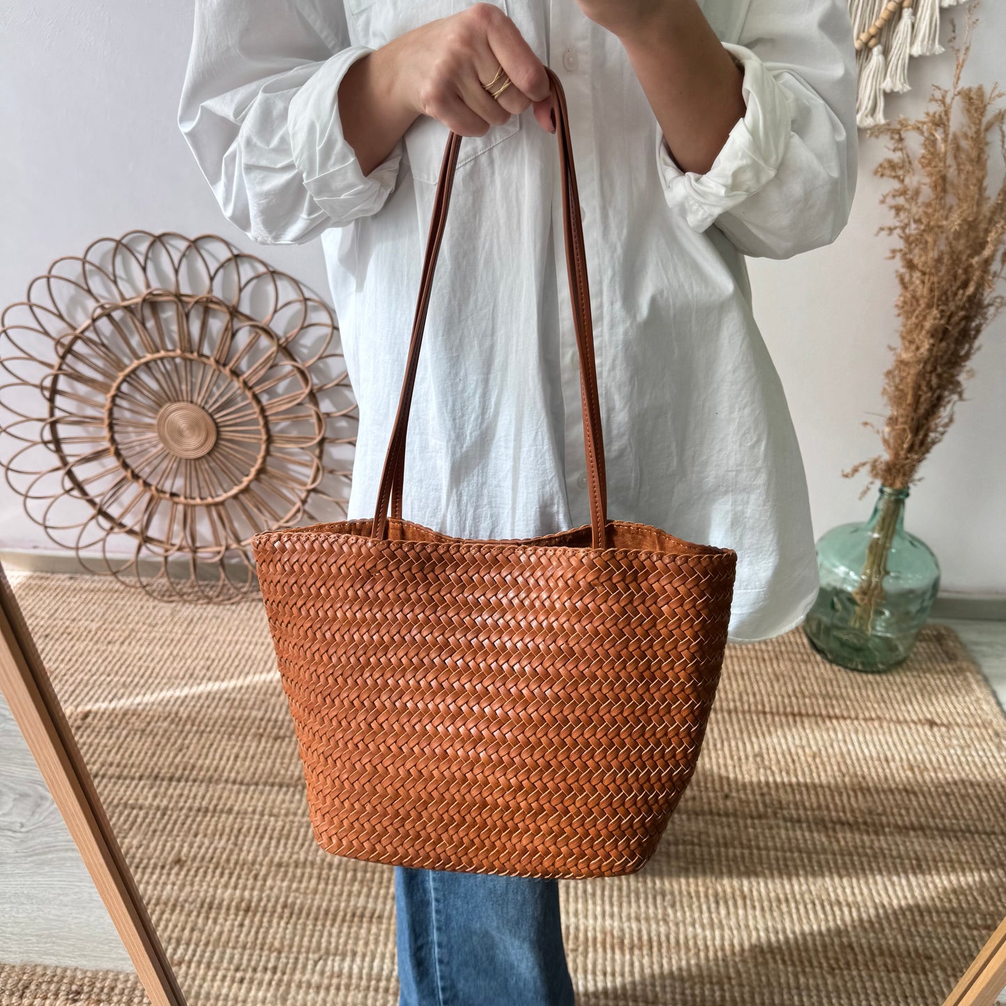 Bolso en piel trenzada camel