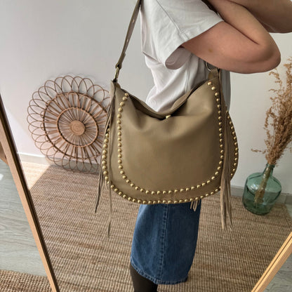 Bolso Hobo tachuelas y Flecos en Piel taupe - Bubbleshopbcn