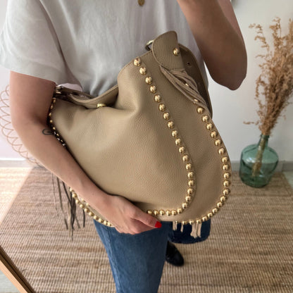 Bolso Hobo tachuelas y Flecos en Piel taupe - Bubbleshopbcn