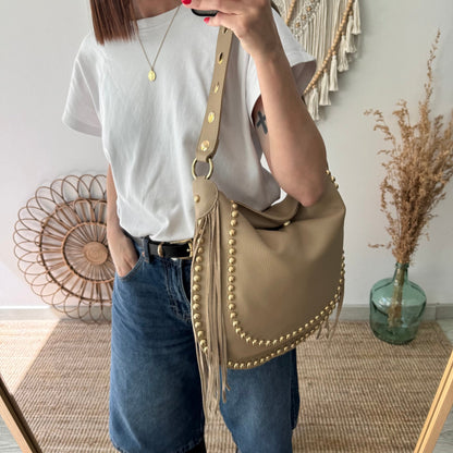 Bolso Hobo tachuelas y Flecos en Piel taupe - Bubbleshopbcn