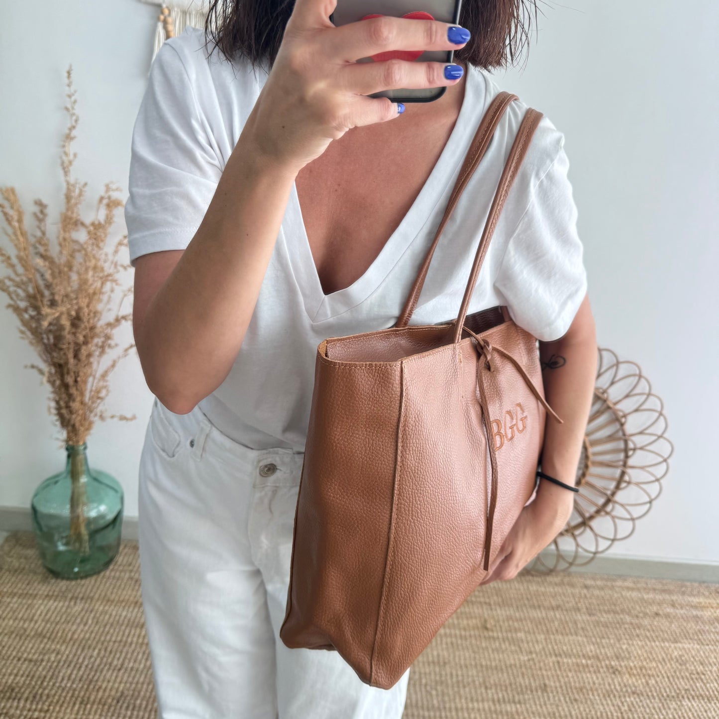 Shopper grande piel camel cremallera personalizado iniciales bordadas