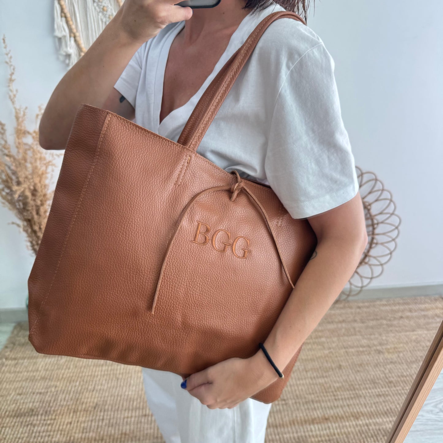 Shopper grande piel camel cremallera personalizado iniciales bordadas