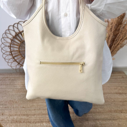 Bolso tote piel asas largas beige iniciales bordadas