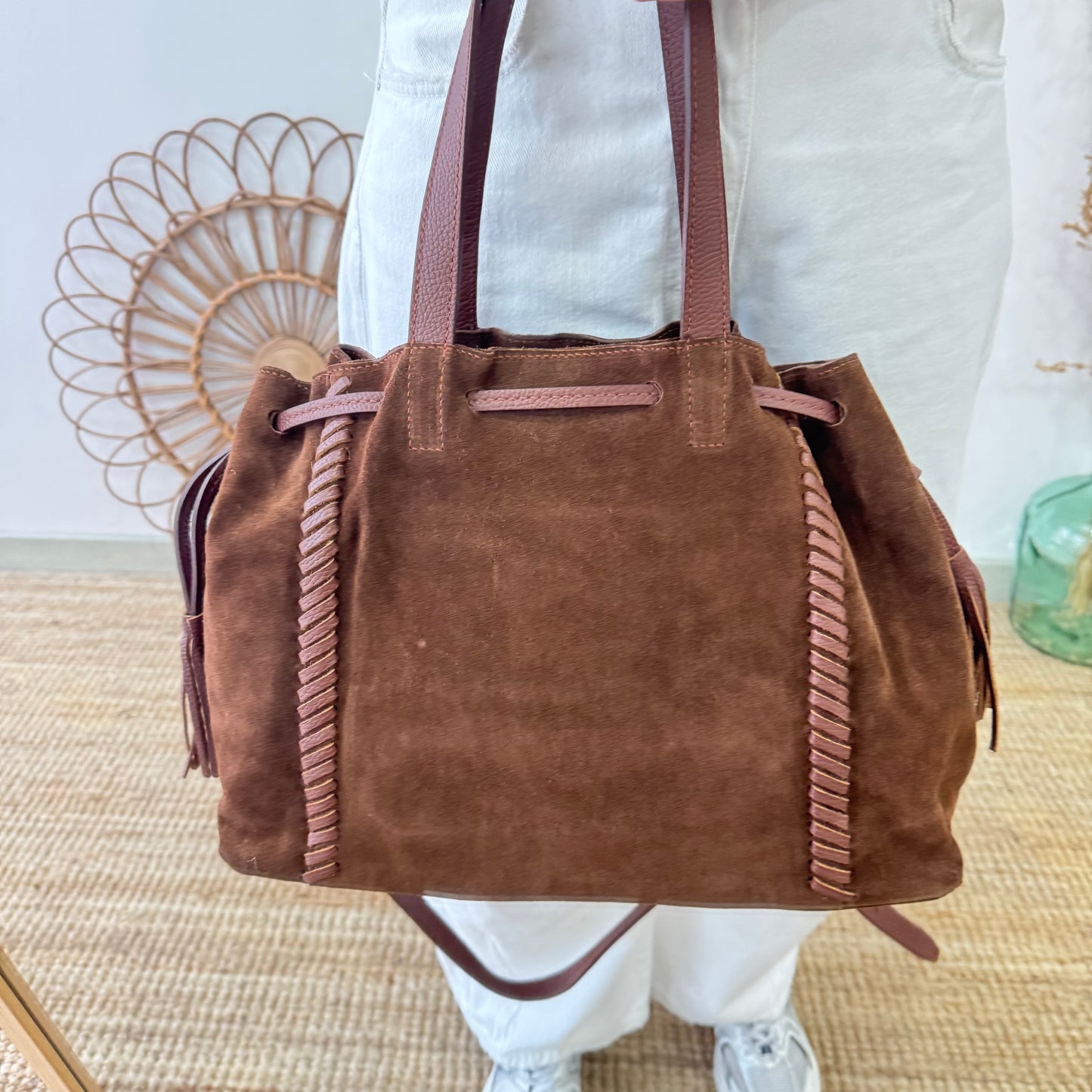 Bolso shopper combinado serraje y piel marrón