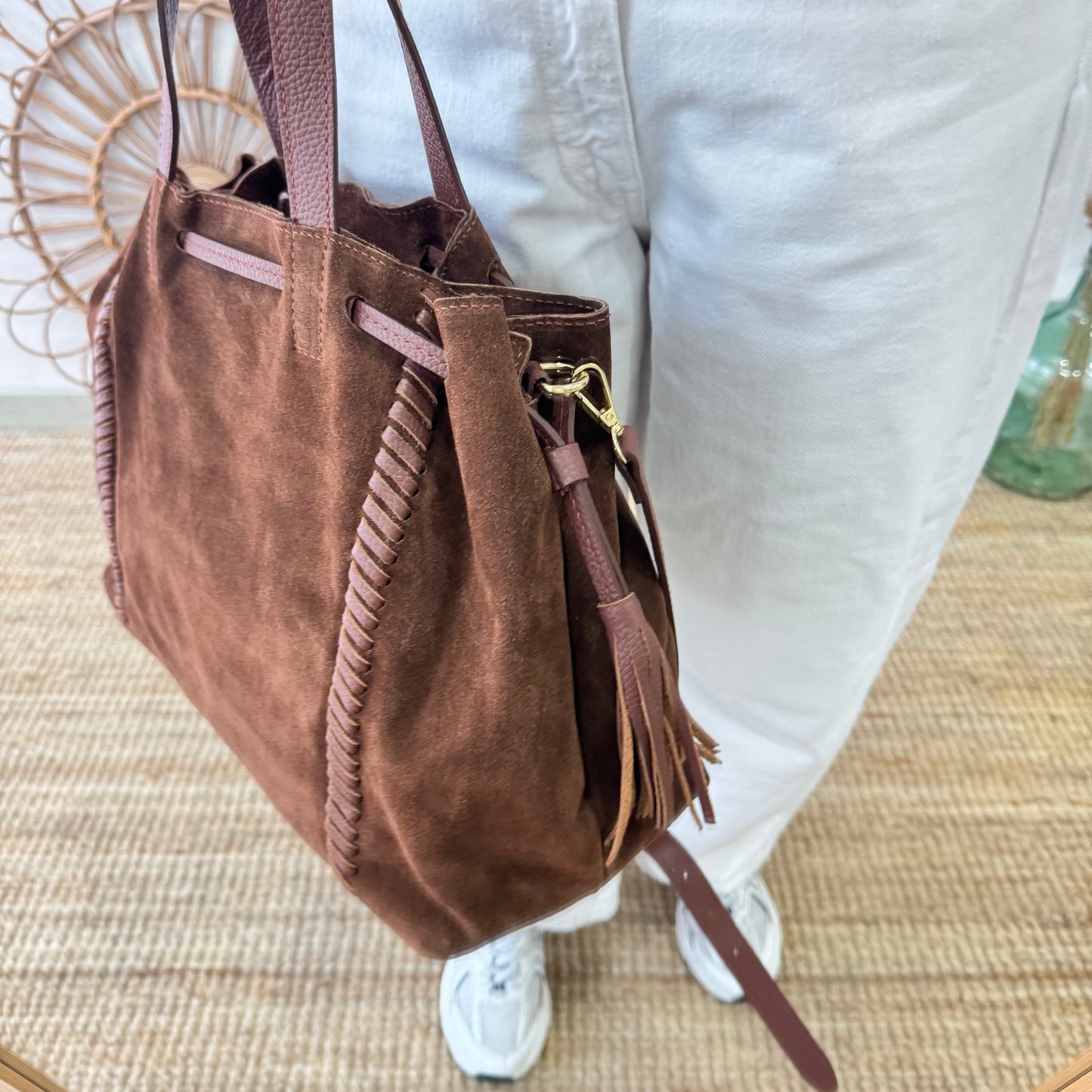 Bolso shopper combinado serraje y piel marrón