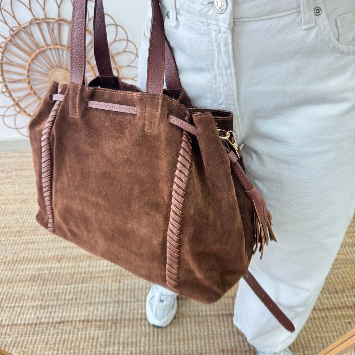 Bolso shopper combinado serraje y piel marrón