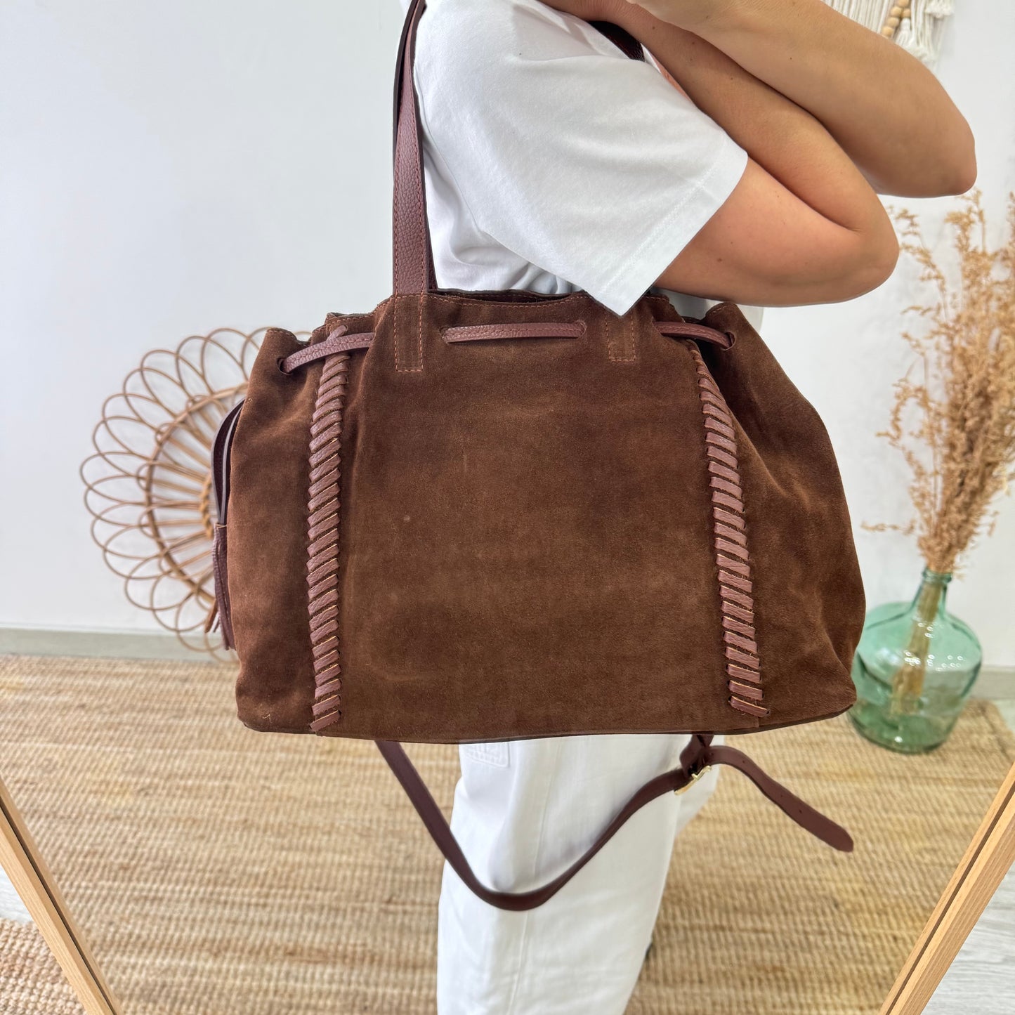 Bolso shopper combinado serraje y piel marrón