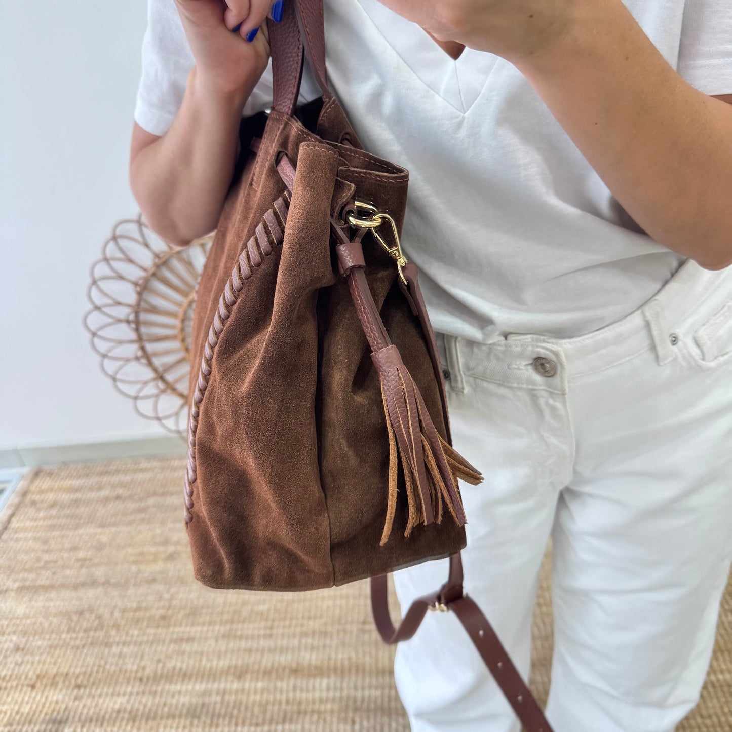 Bolso shopper combinado serraje y piel marrón