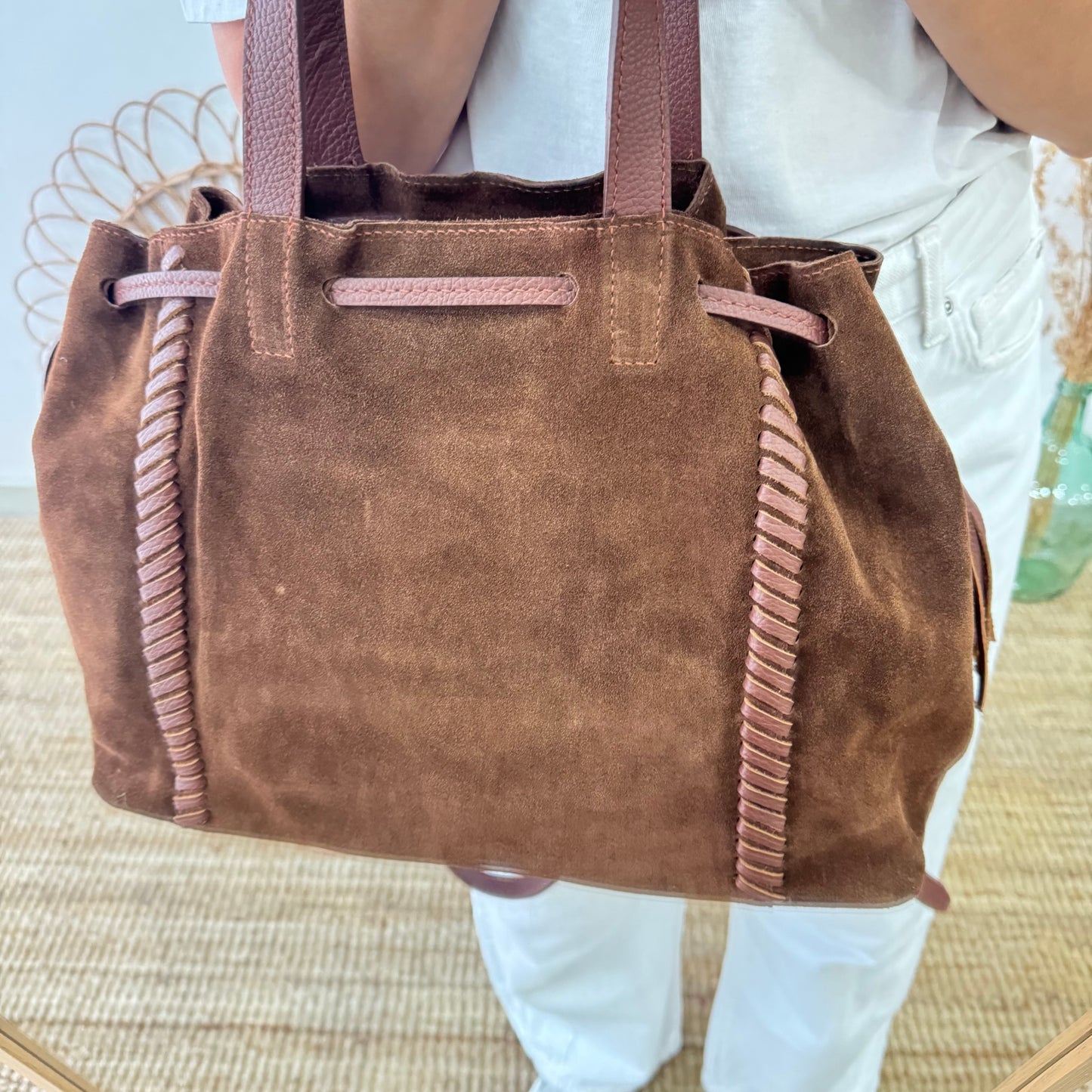 Bolso shopper combinado serraje y piel marrón