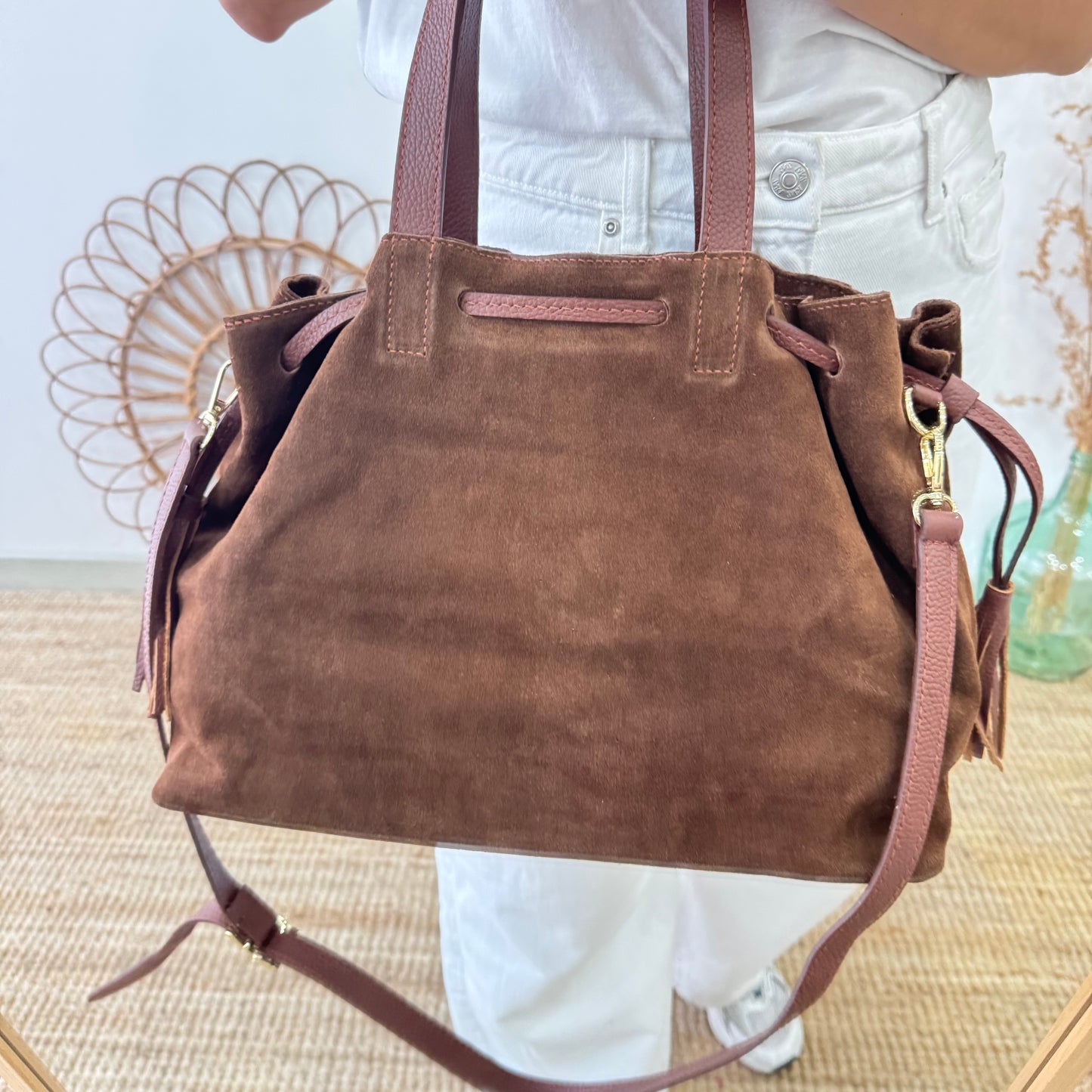 Bolso shopper combinado serraje y piel marrón