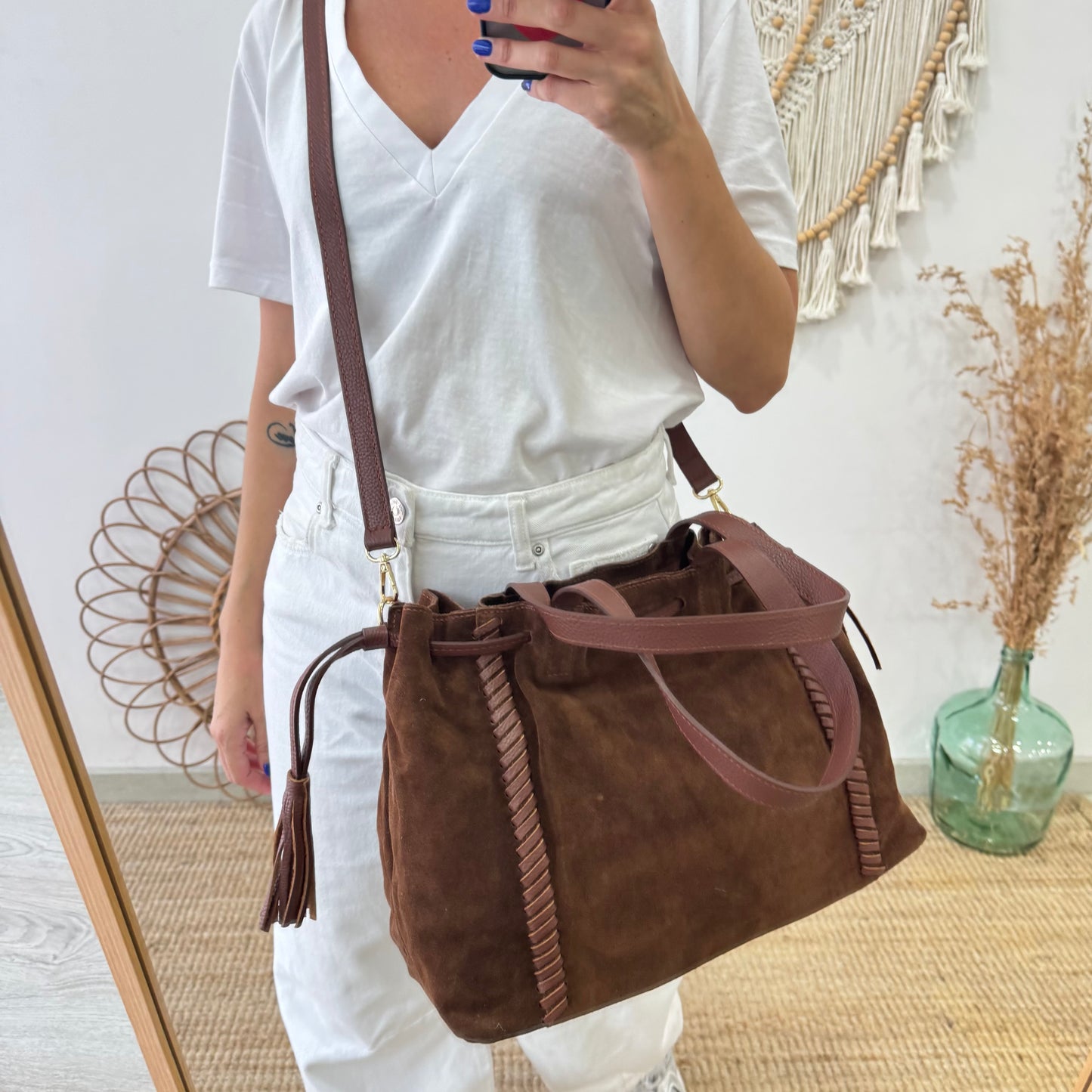 Bolso shopper combinado serraje y piel marrón