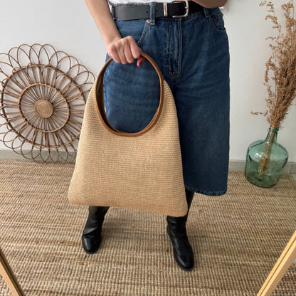 Bolso hobo combinado piel y rafia camel