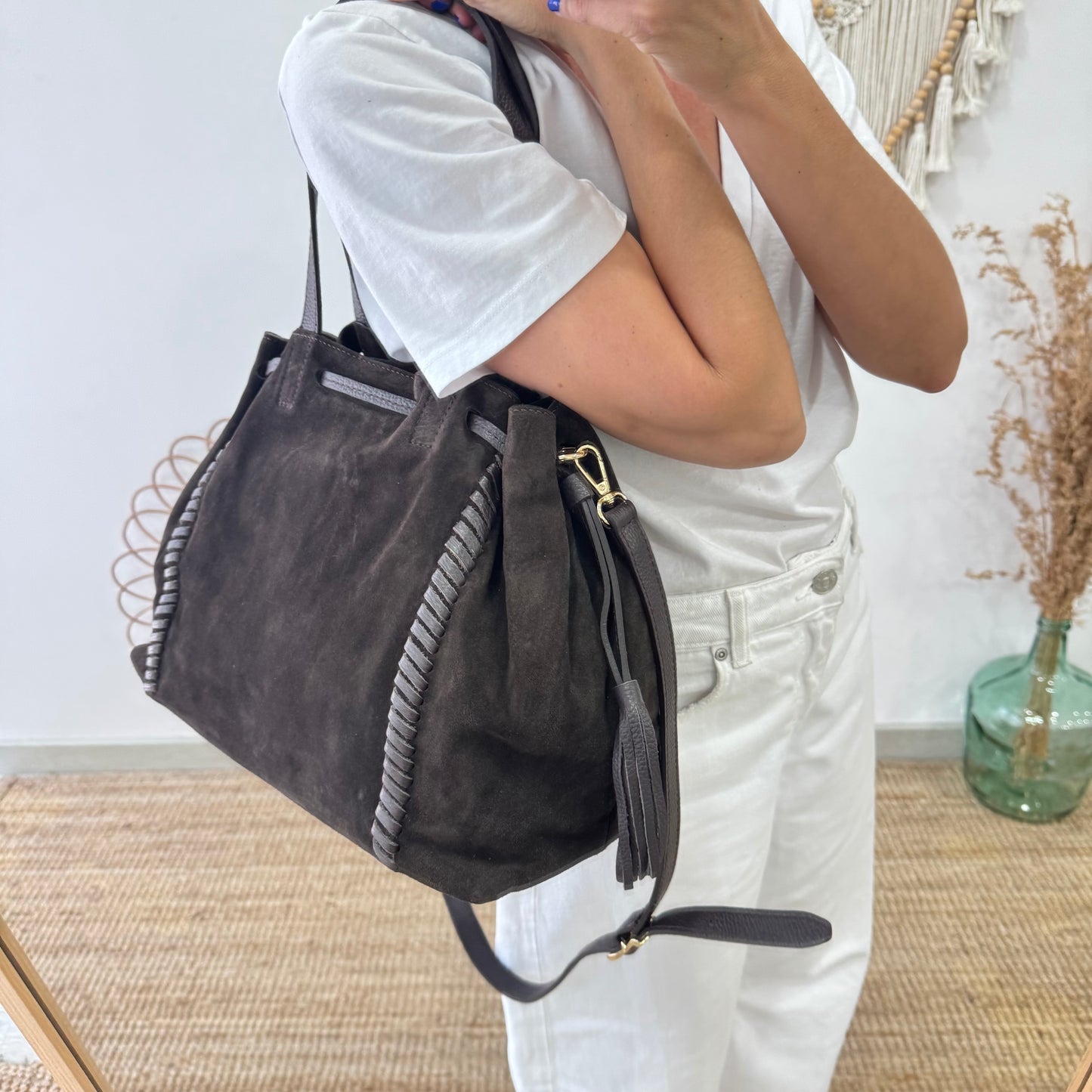 Bolso shopper combinado serraje y piel marrón chocolate
