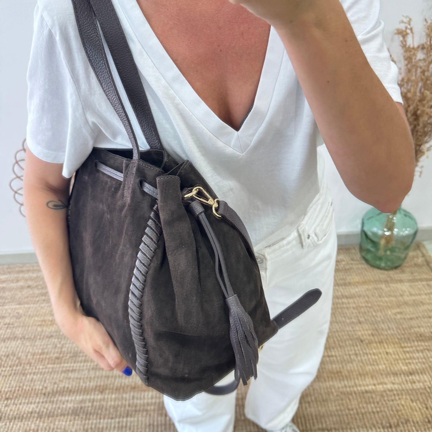 Bolso shopper combinado serraje y piel marrón chocolate