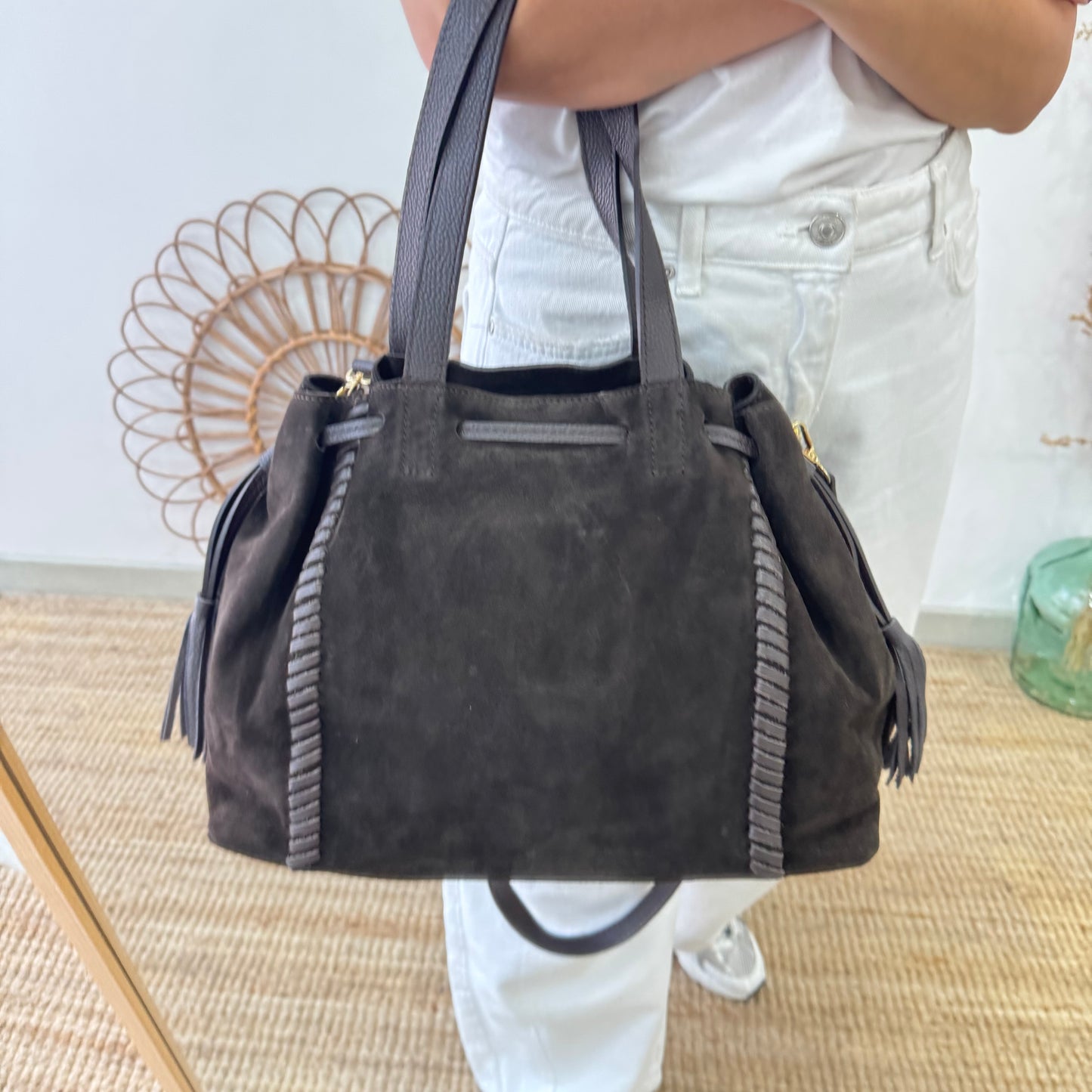 Bolso shopper combinado serraje y piel marrón chocolate
