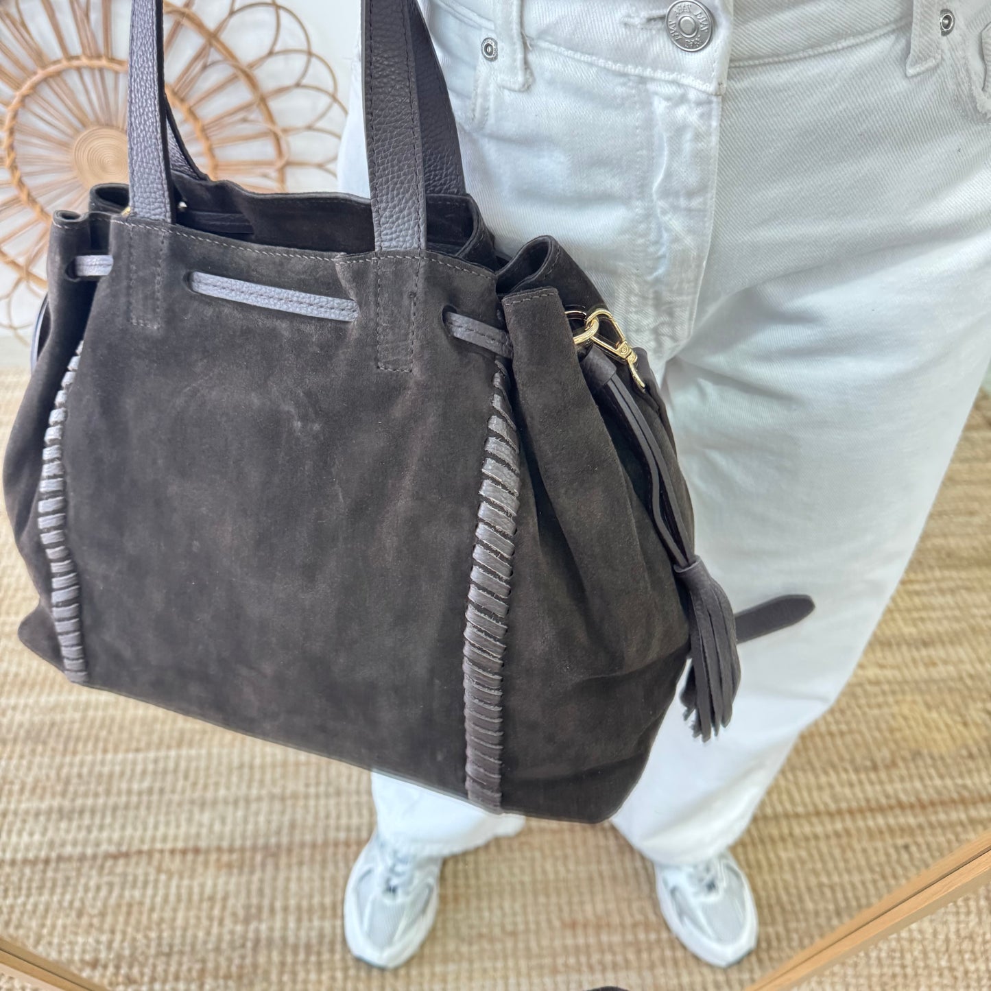 Bolso shopper combinado serraje y piel marrón chocolate