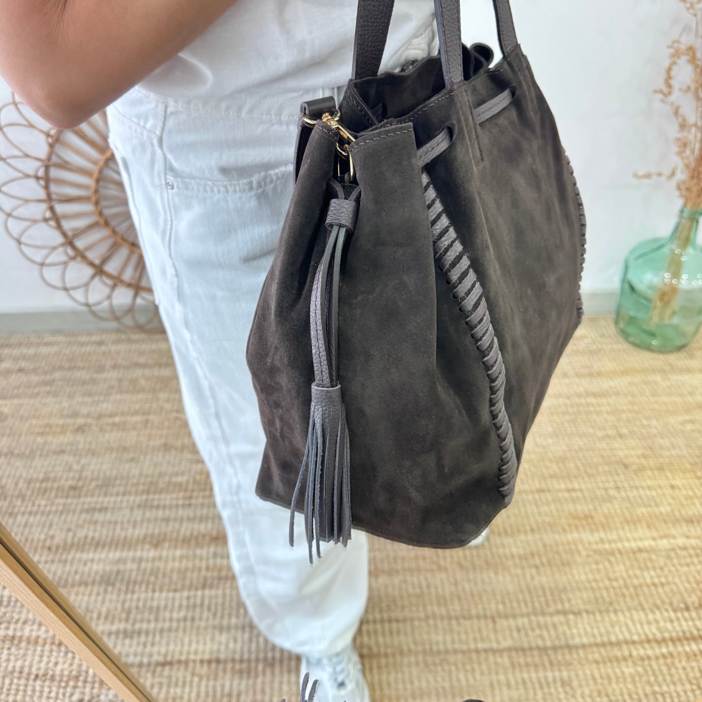 Bolso shopper combinado serraje y piel marrón chocolate