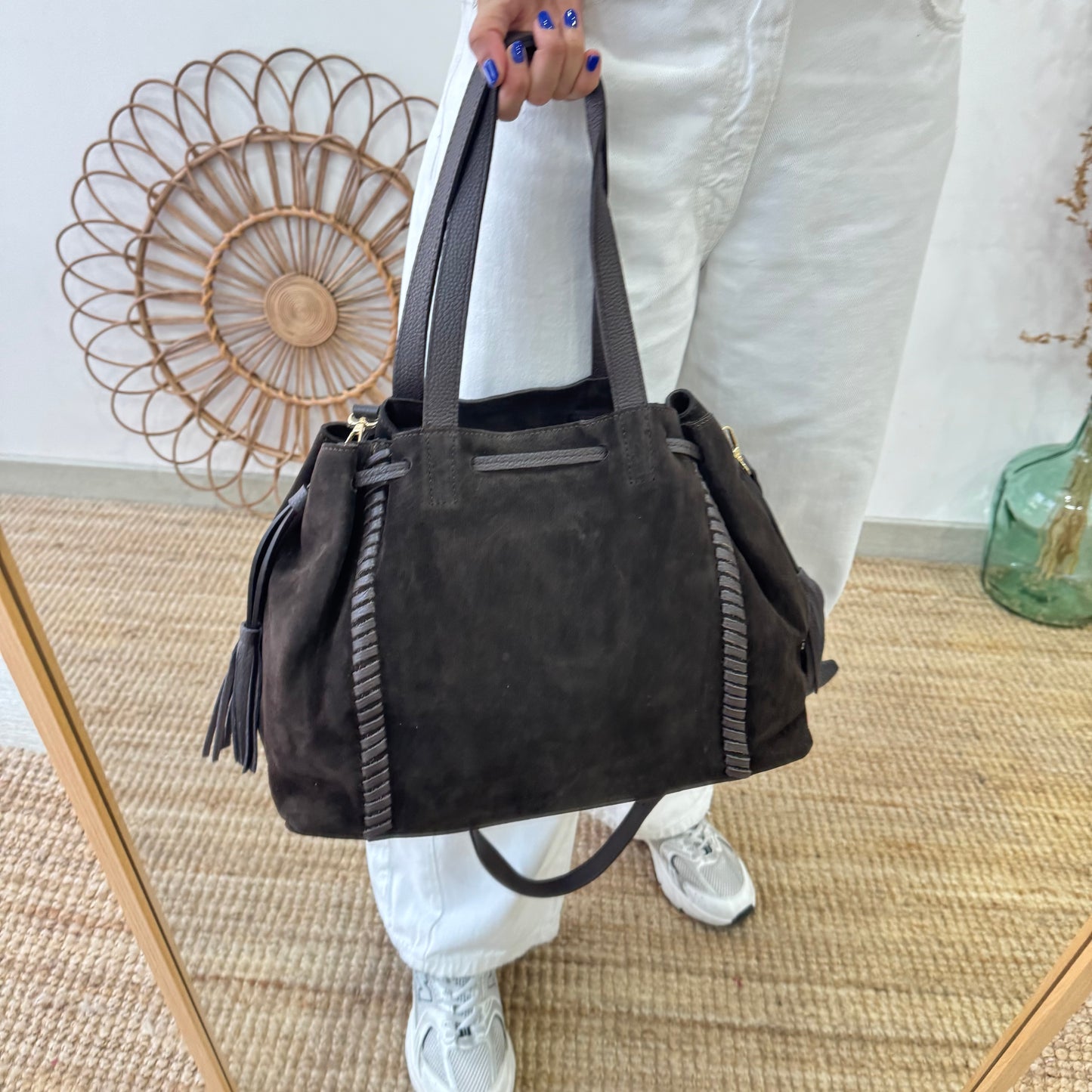Bolso shopper combinado serraje y piel marrón chocolate