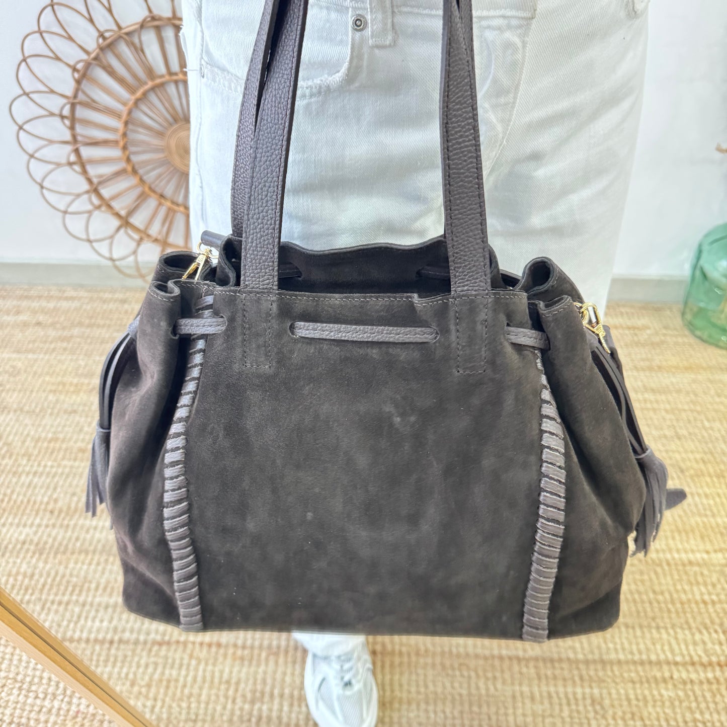 Bolso shopper combinado serraje y piel marrón chocolate