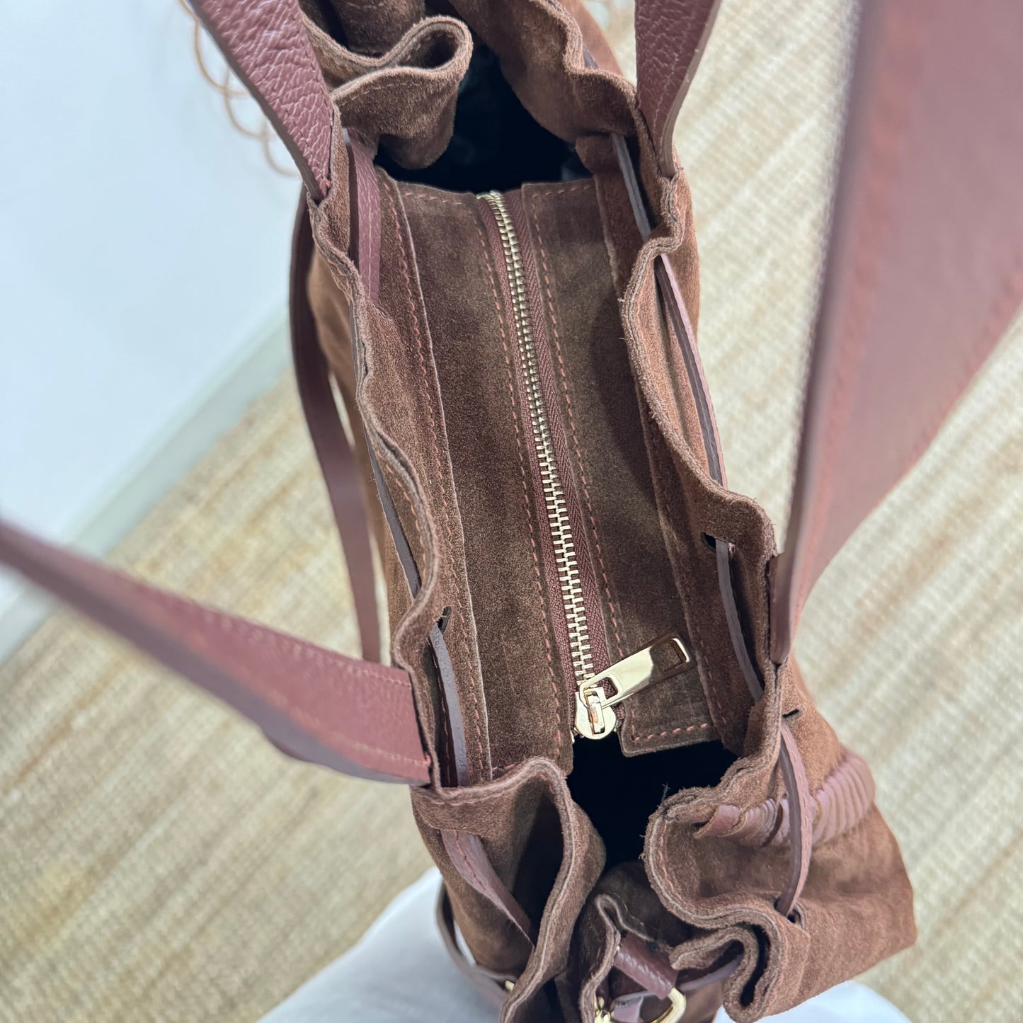 Bolso shopper combinado serraje y piel marrón