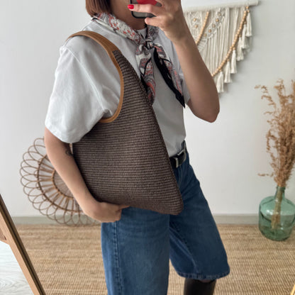 Bolso hobo combinado piel y rafia marrón
