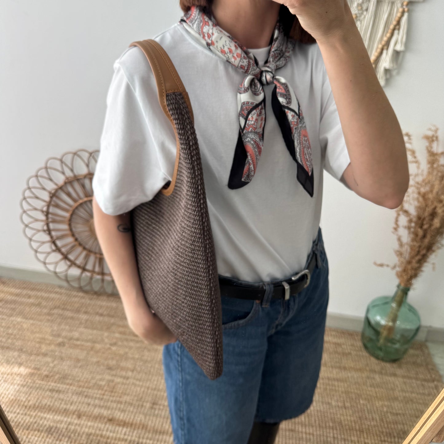 Bolso hobo combinado piel y rafia marrón
