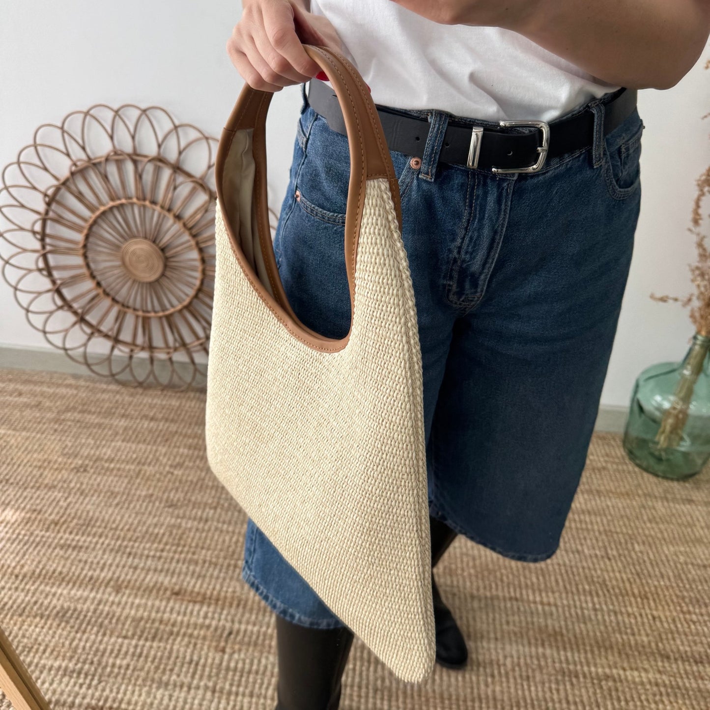 Bolso hobo combinado piel y rafia beige - Bubbleshopbcn