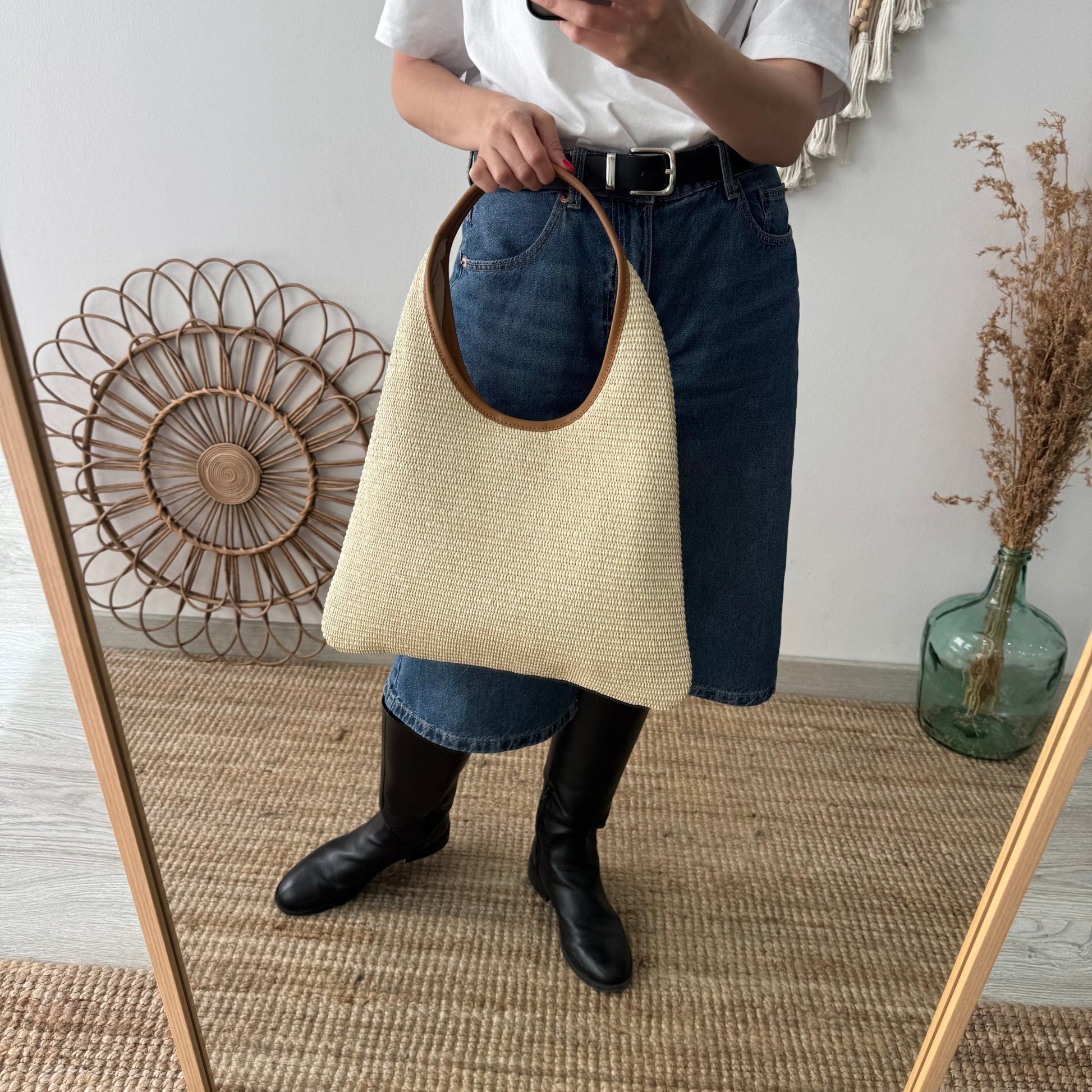 Bolso hobo combinado piel y rafia beige - Bubbleshopbcn