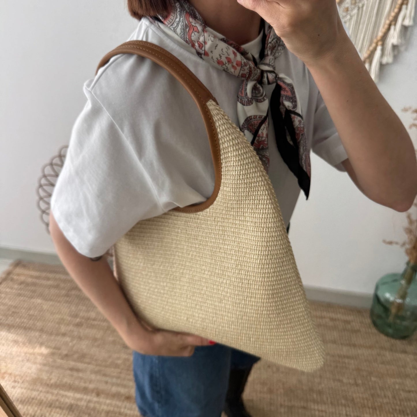 Bolso hobo combinado piel y rafia beige - Bubbleshopbcn