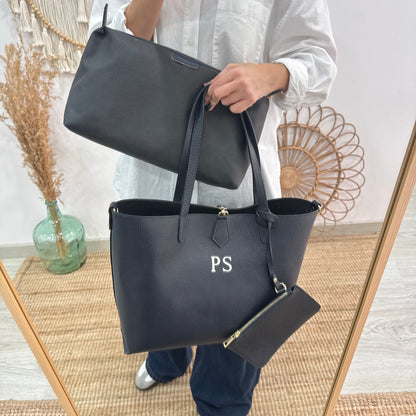 Bolso shopper piel marino cierre iniciales bordadas