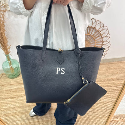 Bolso shopper piel marino cierre iniciales bordadas
