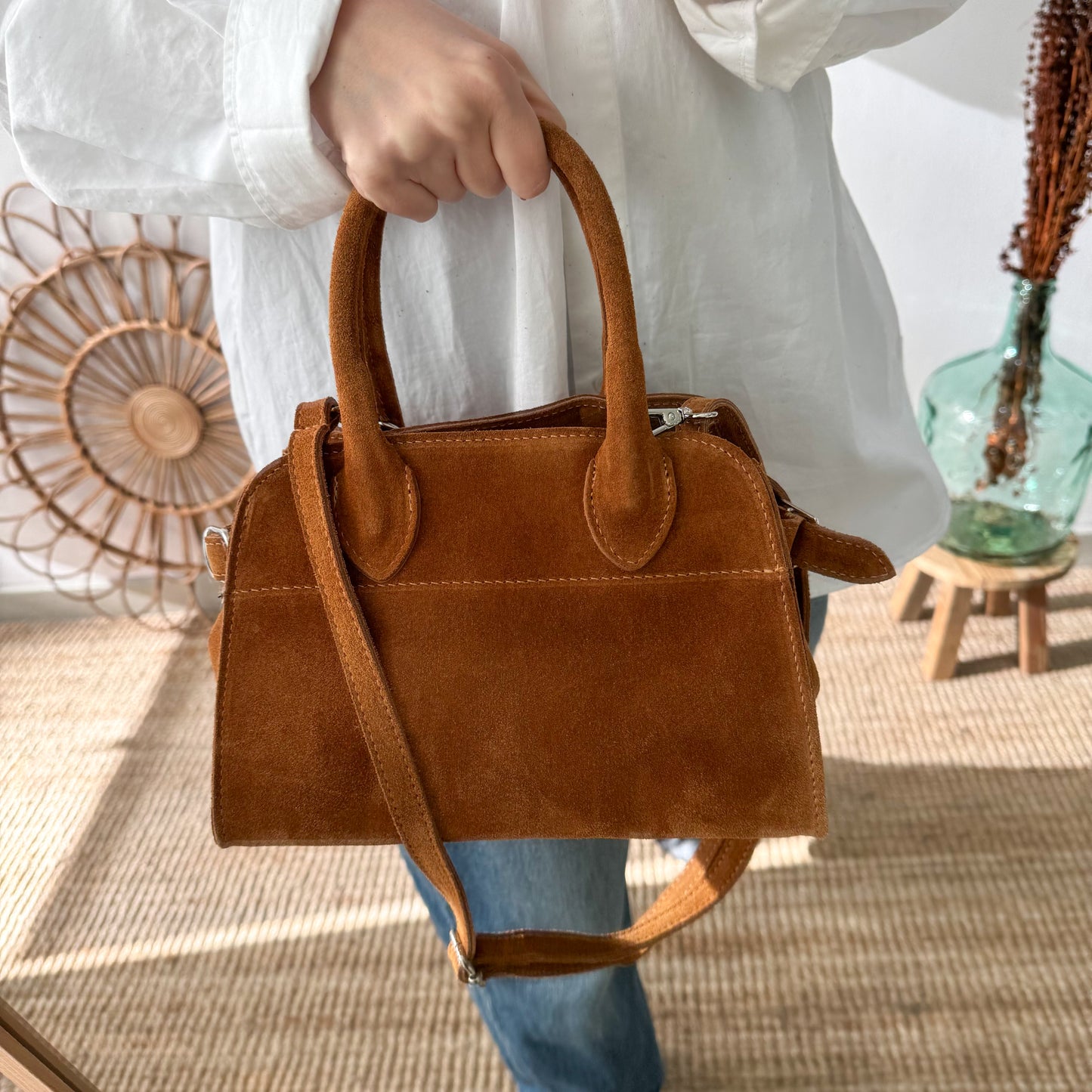 Bolso shopper hebillas pequeño serraje camel