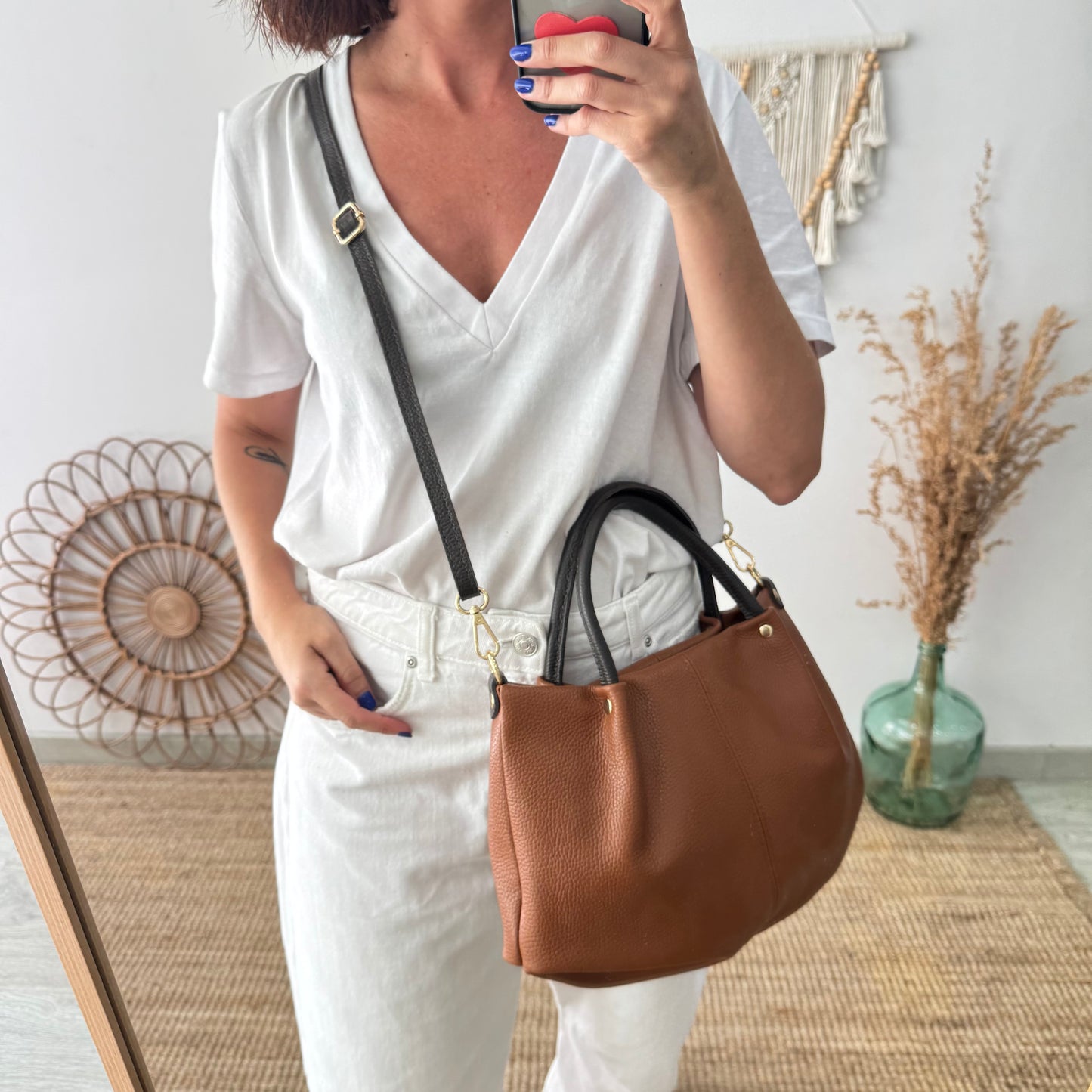 Bolso piel camel asas contraste marrón