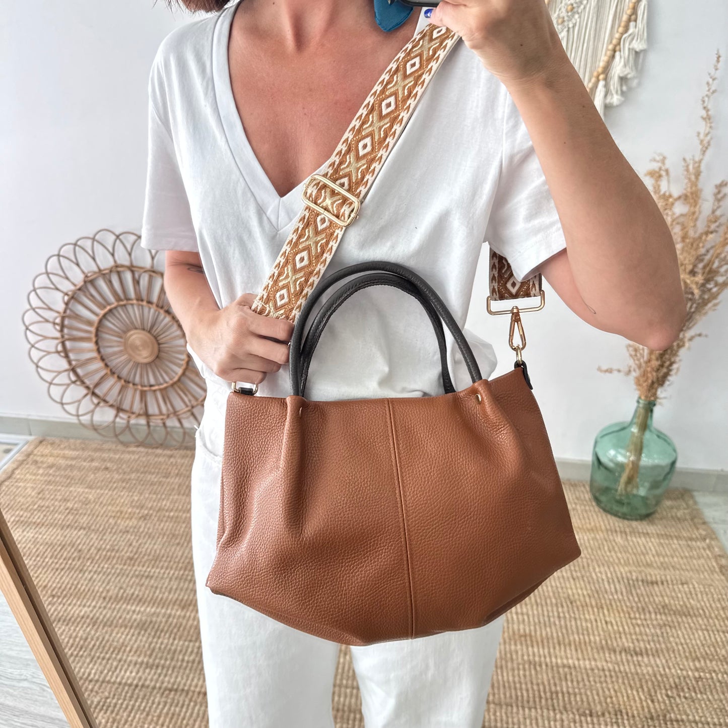 Bolso piel camel asas contraste marrón