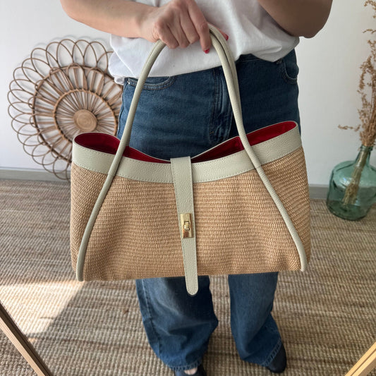 Bolso shopping piel y rafia beige - Bubbleshopbcn