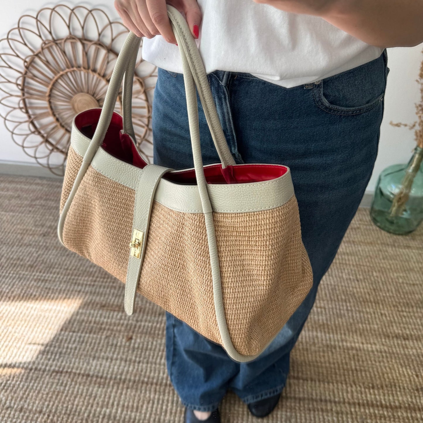 Bolso shopping piel y rafia beige - Bubbleshopbcn