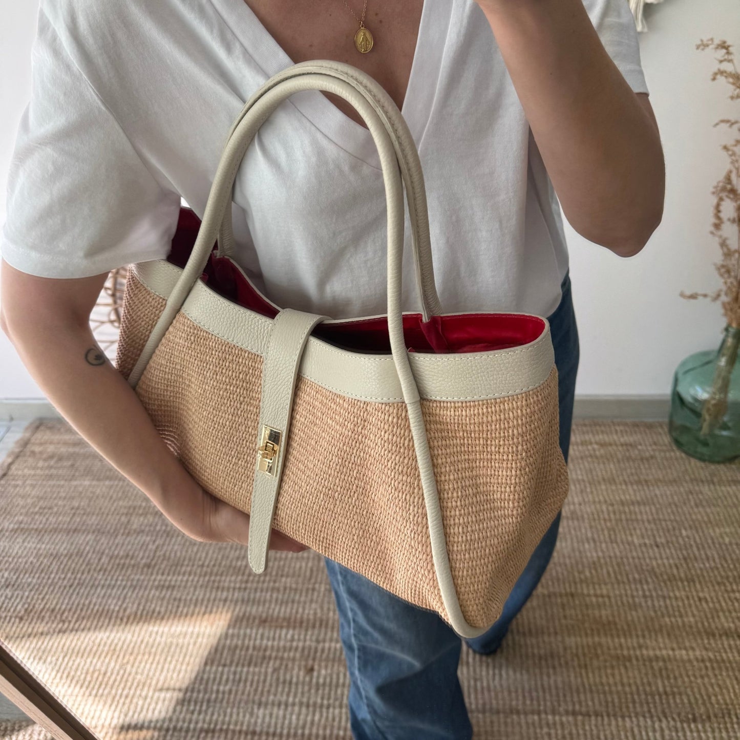 Bolso shopping piel y rafia beige - Bubbleshopbcn