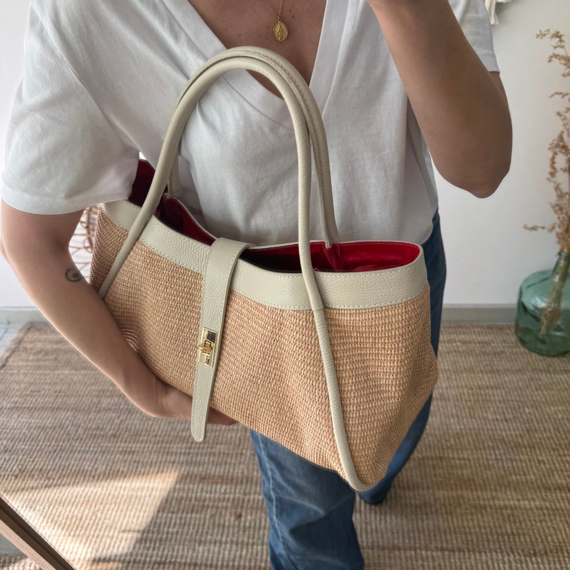 Bolso shopping piel y rafia beige - Bubbleshopbcn