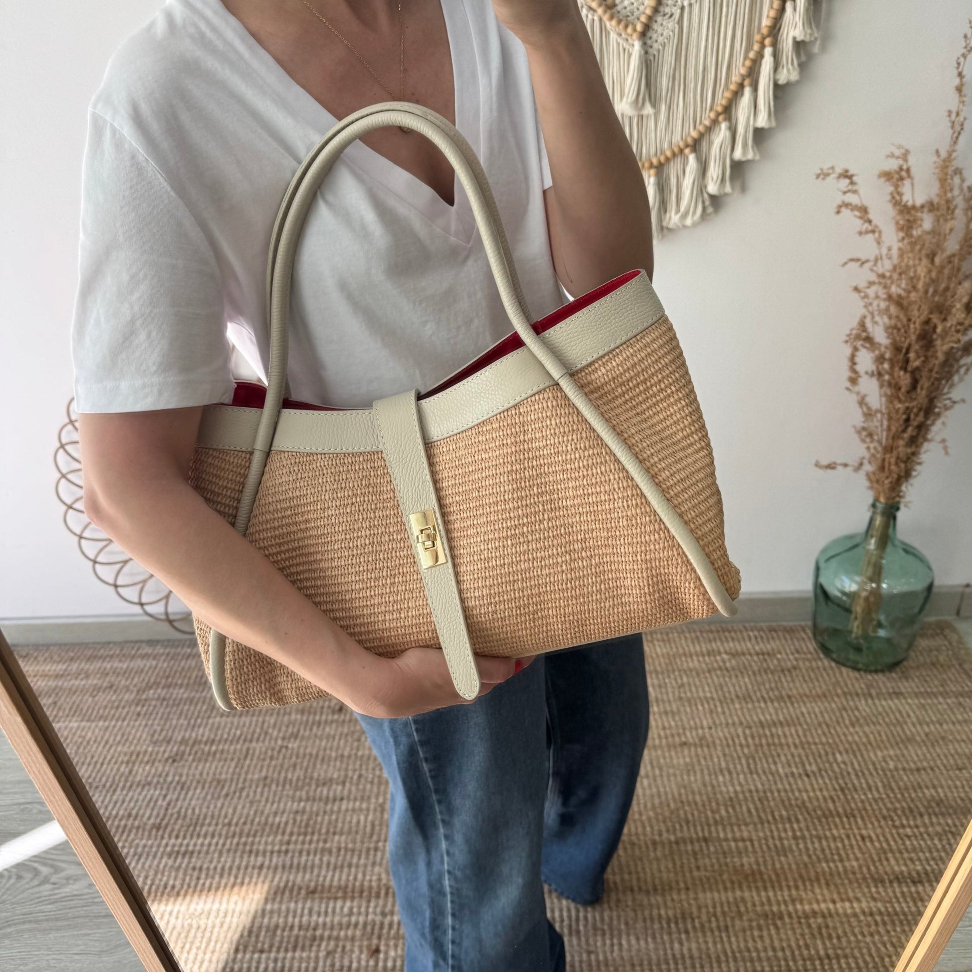 Bolso shopping piel y rafia beige - Bubbleshopbcn