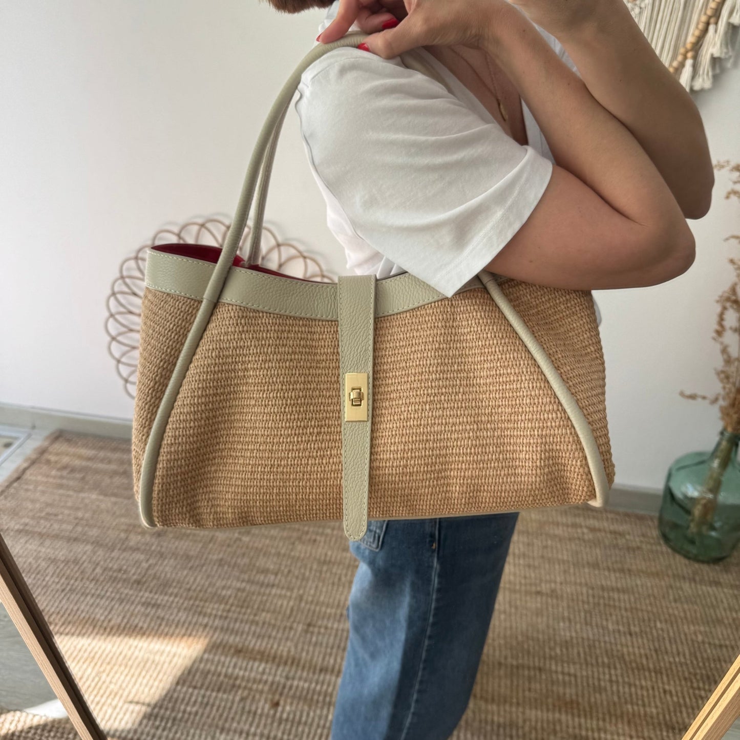 Bolso shopping piel y rafia beige - Bubbleshopbcn